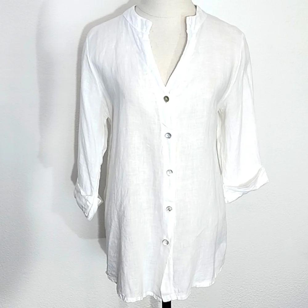 Lungo L'arno Shirt 100% Linen Mother Of Pearl Buttons Long Sleeves White Size L - Picture 10 of 12
